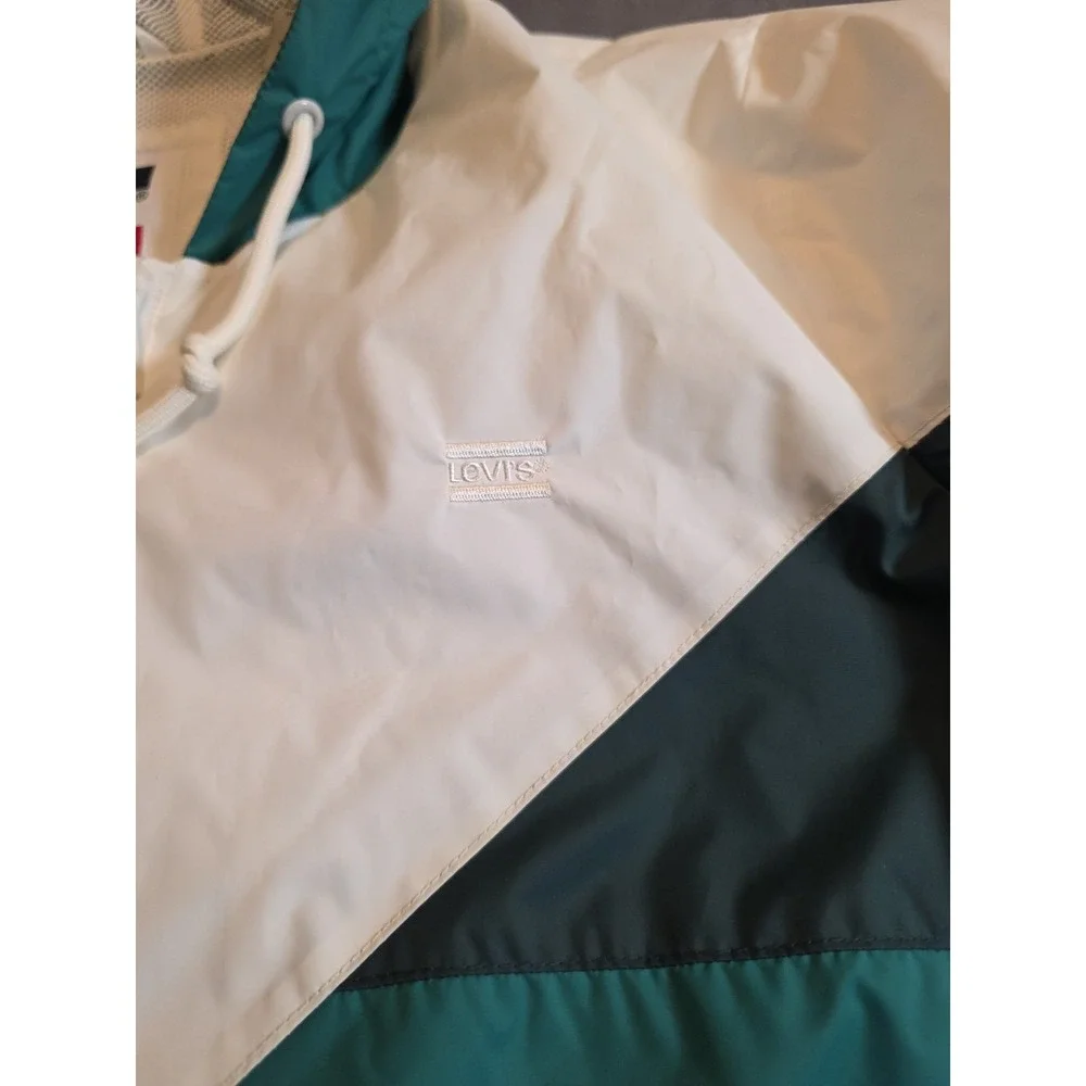 Levi's Windbreaker Rain Jacket Women's S Embroidered Green Grey White Elastic...